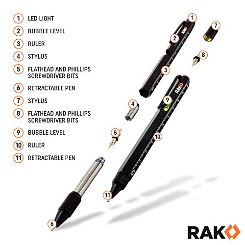 RAK Multitool Pen - Multi-Tool Pens, LED Light, Flathead, Phillips Screwdrivers, Level, Ruler, Bottle Opener, and Stylus. ...