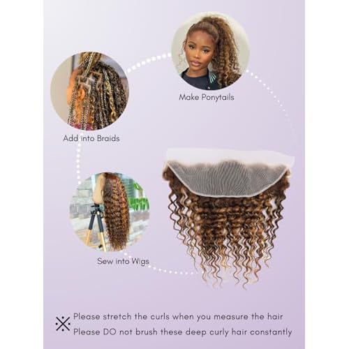 Honey Blonde Highlight Deep Wave 13x4 Lace Frontal Closure Only Human Hair, 12A Virgin 100% Hand Tied Ear to Ear Ombre Brown HD Transparent Frontal Pre Plucked P4/27 Curly Lace Frontal Remy 18In