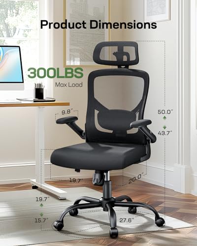 Marsail Ergonomic Mesh Office Chair High Back Desk Chair Adjustable Lumbar Support with Headrest Flip-Up Liftable Arms Swi...