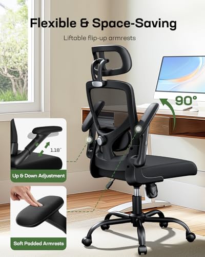 Marsail Ergonomic Mesh Office Chair High Back Desk Chair Adjustable Lumbar Support with Headrest Flip-Up Liftable Arms Swi...
