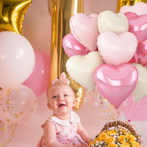 Wuhetyo Pink Heart Balloons,18inch Bright Pink Heart Shaped Foil Balloons & Pastel White Helium Mylar Balloon for Annivers...