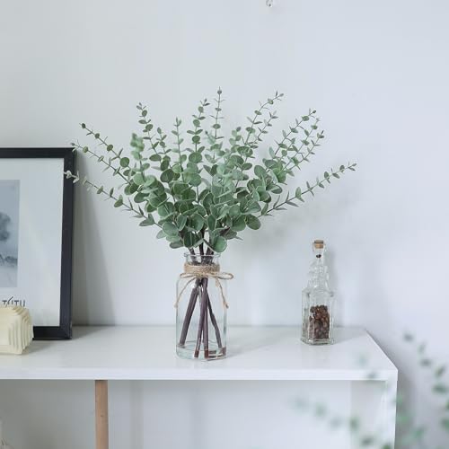 VIERENA 17.5" Artificial Eucalyptus Stems in Glass Vase with Faux Water,Fake Plant Eucalyptus Leaves White Seeds for Cente...