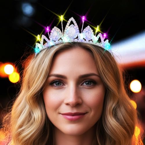 JEWEKY Light Up Tiara Silver Princess Rhinestone Led Crown Headband Birthday Hair Accessories for Women(01, One Size)
