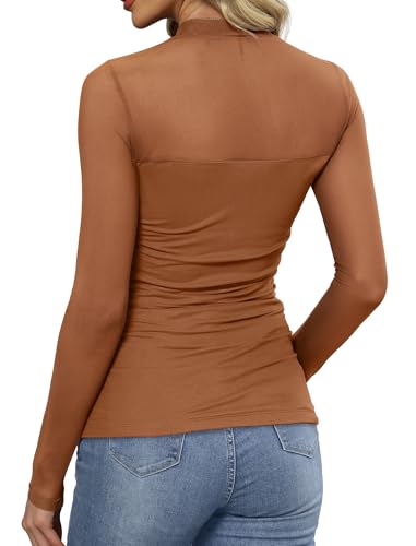 Womens Sexy Mesh Long Sleeve Shirts Fashion Clothing Turtle Necks Sheer Ruched Going Out Tops Fall Outfits Slim Fit Blouses