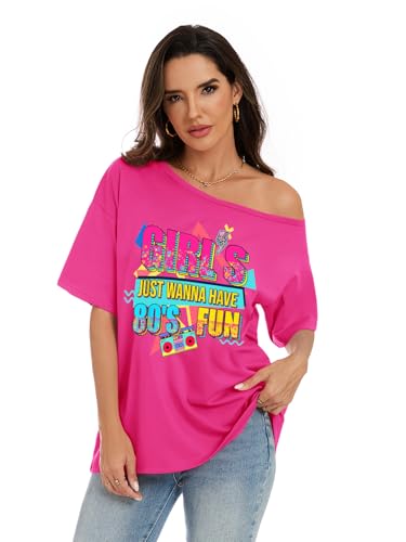 OCURHU 80s Shirts for Women Oversized Retro Off The Shoulder Top Disco 80s 90s Theme Party Outfit