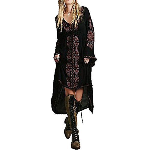 R.Vivimos Womens V Neck Bell Sleeve Vintage Floral Embroidered High Low Long Dresses