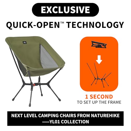 Naturehike YL01 Snap Camping Chair, 1 Second Setup Frame, 441lb Capacity, Portable Backpacking Chair with Storage Bag, Lig...