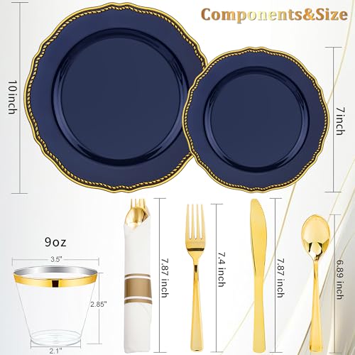 Hioasis 175pcs Blue Gold Plastic Plates - Gold Plastic Dinnerware Set Includes 25 Dinner Plates, 25 Dessert Dinnerware, 25...