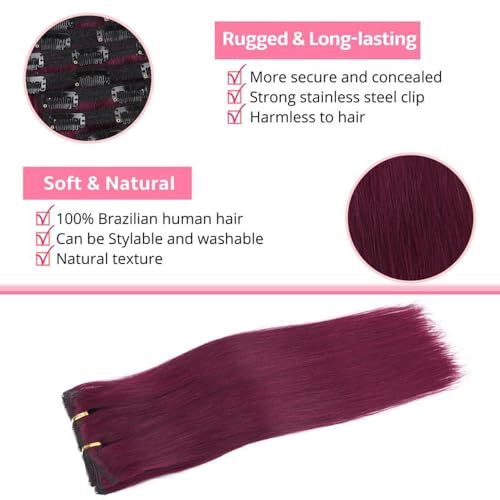 ShowJarlly Clip in Hair Extensions Real Human Hair 24 Inch Straight Clip Ins 8 Pcs Brazilian Remy Hair Extensions for Women #99J Burgundy 110g