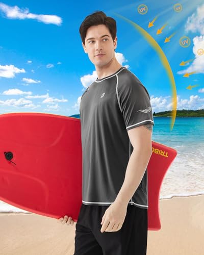 Roadbox Men's UPF 50+ Swim Shirts, Short Sleeve UV Sun Protection Rash Guard T-Shirt, Quick Dry Water Surfing Beach Tees