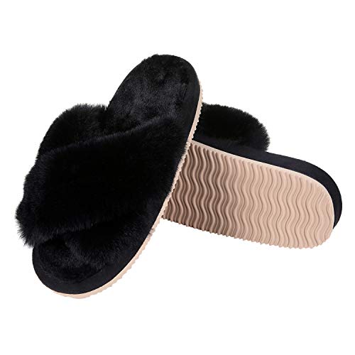 Comwarm Women's Cross Band Fuzzy Slippers Fluffy Open Toe House Slippers Cozy Plush Bedroom Shoes Indoor Outdoor