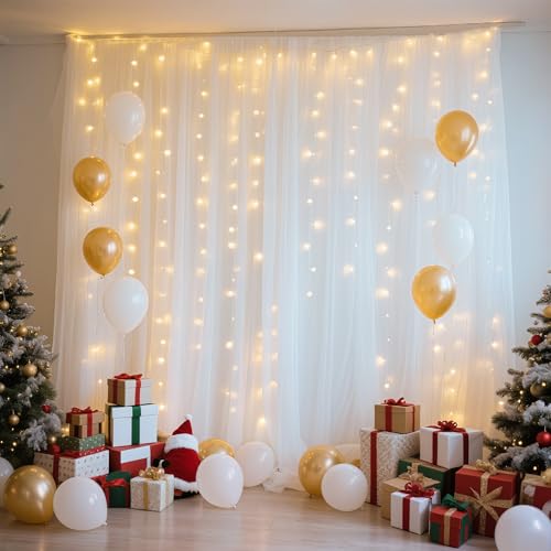 Fomcet White Backdrop Curtains with Lights String 10X8FT Polyester Fabric & Tulle Curtains Backdrop Drapes for Back Drop P...