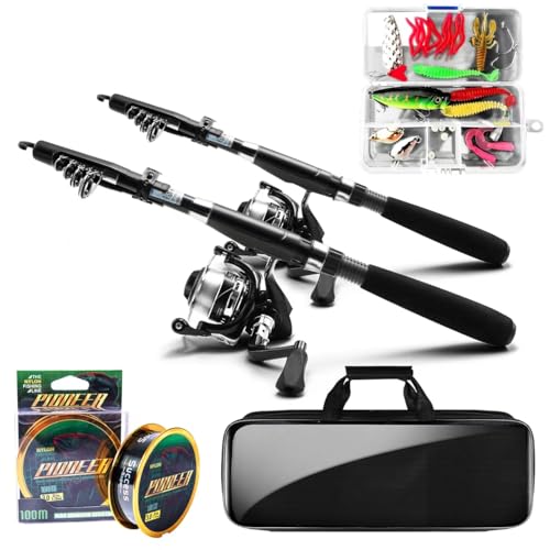 Fishing Pole and Reel Combo - 2PCS Carbon Fiber Telescopic Rods Spinning Reels Saltwater/Freshwater Kit with Lures, Line a...