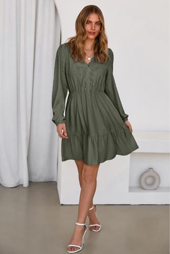 Dokotoo Spring Dresses for Women 2026 Elegant Lace Hollow Out Embroidered V Neck Long Sleeve Casual A-Line Swing Mini Dress