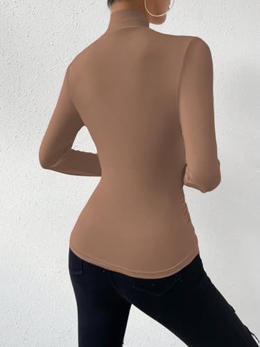 SweatyRocks Women's Ruched Mock Neck Long Sleeve T Shirt Solid Slim Fitted Tee Tops