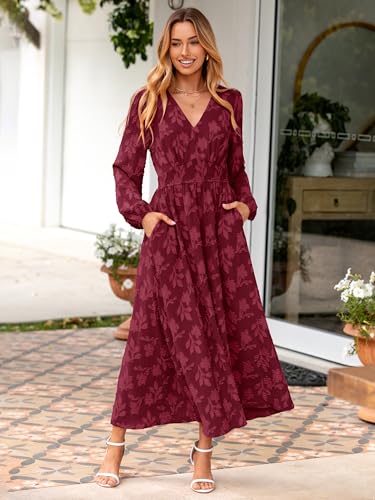 Simplee Womens Boho Floral Long Sleeve Maxi Dress V Neck Empire Waist Fall Wedding Guest Dresses with Pockets