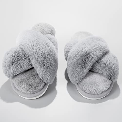 Metog Women's Fuzzy Cross Band Indoor/Outdoor Soft Open Toe Slippers
