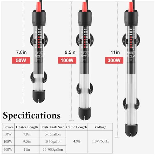 FEDOUR Aquarium Heater 50W 100W 300W, Submersible Glass Fish Tank Heater for Fresh and Salt Water (50W)