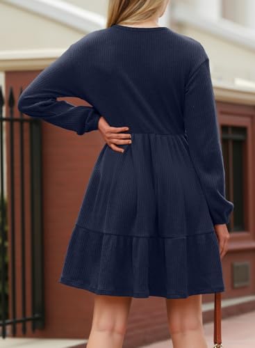 Dokotoo Spring Dresses for Women 2026 Long Sleeve V Neck Lightweight Ribbed Knit Empire Waist Casual A Line Swing Mini Dress