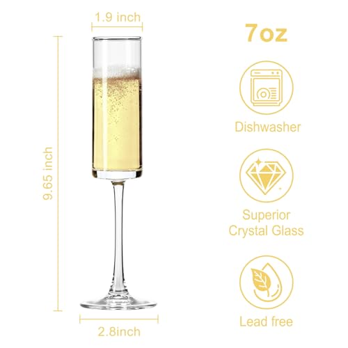Ocean ice Glass Champagne Flutes Glass, Straight Champagne Glasses Set of 2, Stemmed Mimosa Glasses 7oz, Hand Blown Champa...