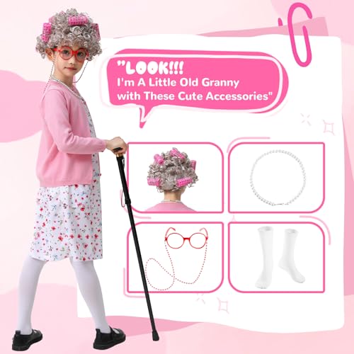 FUNSENLY Old Lady Costume for Kids Girls 100 Days of School Costume, Granny Grandma Dress Up for Girls