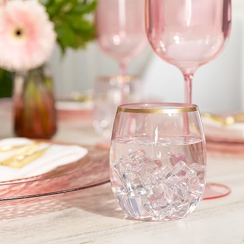PLASTICPRO 6 Pack Pink With Gold Rim Plastic Wine Glasses Stemless Disposable 12 oz BPA Free Shatterproof Plastic Cups Win...