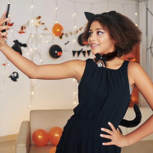 GAFATORY Black Cat Costume with Tail And Bell Collar Set Cat Ears for Women Cat Ears Costume for Halloween Cosplay Party