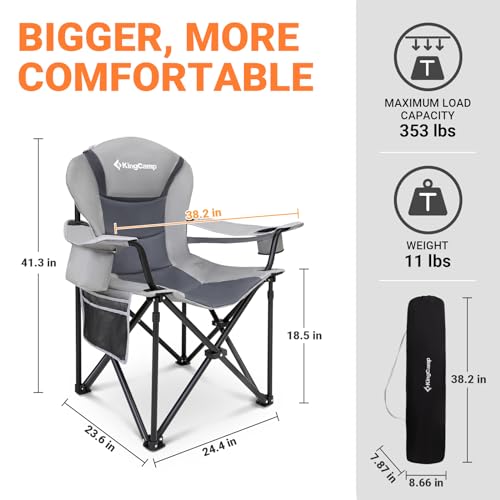 KingCamp Oversized Camping Folding Chair with Lumbar Support, Heavy Duty Ergonomic Padded Arm Chair with Cooler Bag, Cup H...