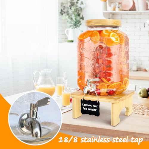 2 Gallon Drink Dispenser with Stand，Glass Beverage Dispenser With Wood Stand, 18/8 Stainless Steel Spigot and Labels Large...
