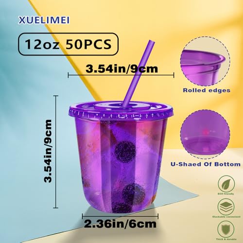 Xuelimei 12oz Disposable Stemless Glasses with Flat Lids and Straws,PET Disposable Drinking Cups,Clear Plastic Wine Glasse...
