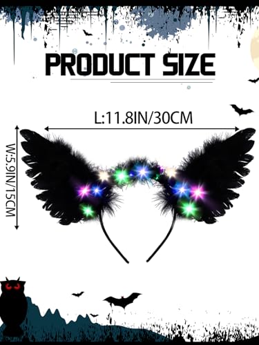 Aiosy Light Up Halloween Wing Headbands LED Black Feather Hairband Angel Wings Women Hair Accessories for Rave Costume