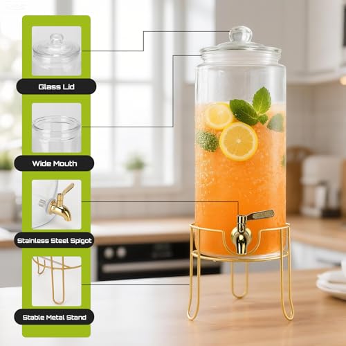 DHSBTLS 1.5 Gallon Glass Drink Dispensers, Round Beverage Dispenser for Party, BBQ and Picnic, Clear Airtight Juice Dispen...