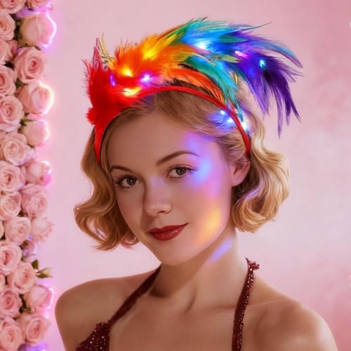 DRESBE Light Up 1920s Feather Fascinator Headband LED Cocktail Tea Party Hair Accessories for Women