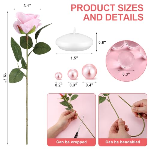 Riceshoot 326 Pcs Floating Flowers Vase Fillers Kit 12 Artificial Rose 12 Floating Candle Centerpieces 300 Pearl 2 Bags Wa...