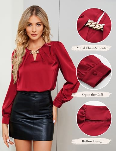 JASAMBAC Women's Satin Silk Blouses, Dressy Casual Long Sleeve Shirts, Trendy Business Work Tops Office Formal Spring Outfits