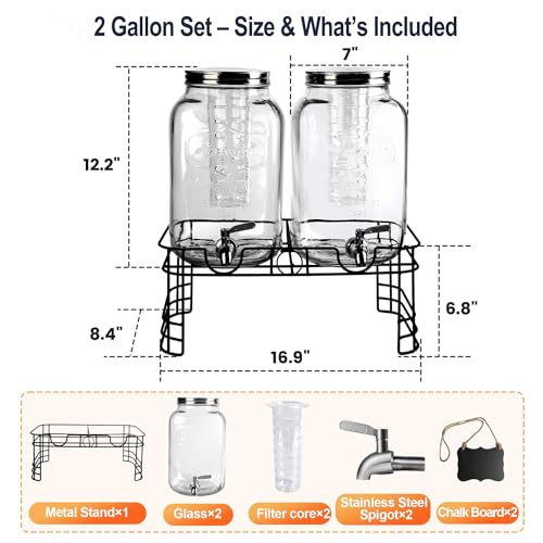 2 Gallon Drink Dispensers for Parties, 2 Pack Beverage Dispensers with Stand, Glass Water Jug Dispenser, with 18/8 Stainle...