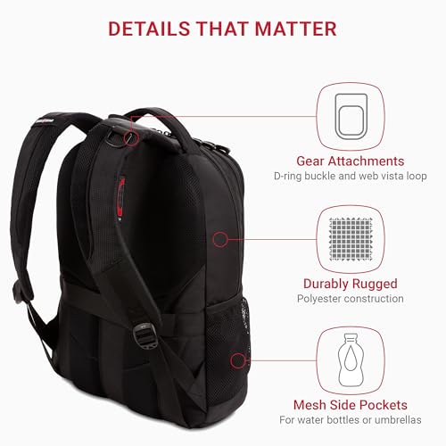 SwissGear 5505 Cecil 16” Laptop Backpack Black – Daily Laptop Bag with Gear Attachment Options – Multiple Organizer Pocket...