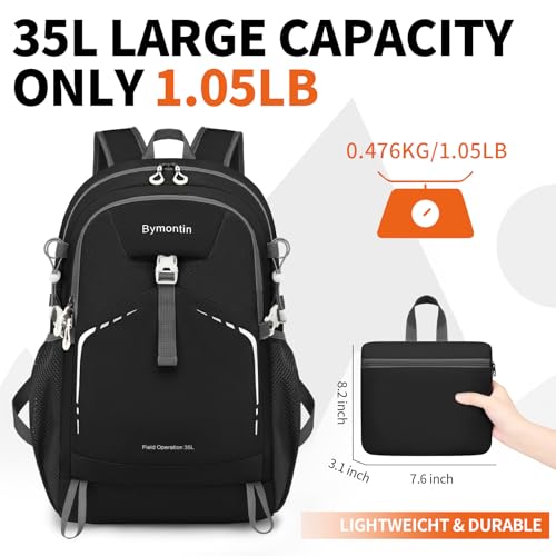 Bymontin 35L Lightweight Packable Backpack – Durable Foldable Daypack for Travel, Hiking, and Gym (Black)