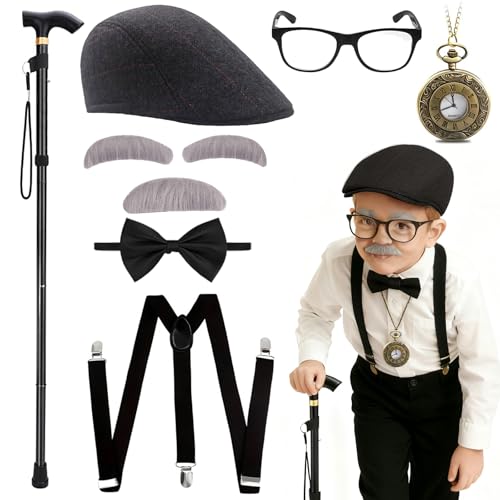 Yaliuliu Old Man Costume for Kids and Boys – 100 Days of School Costume Boys Dress Up, Grandpa Costume with Hat, Glasses, ...