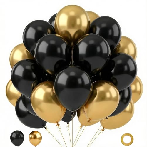 Black and Gold Balloons, 70pcs 12inch Metallic Gold and Black Balloons for Graduation Anniversary Birthday Party Decoration