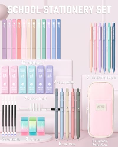 Four Candies 39 PCS Aesthetic School Supplies with Cute Pen Case, 12 Pastel Highlighters, 5 Black Ink Gel Pens, 6 Mechanic...