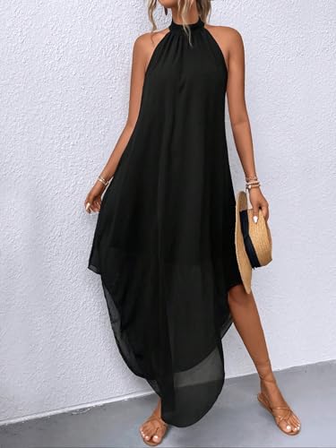 Verdusa Women's Formal Wedding Guest Dress Halter Flowy Sleeveless Asymmetrical Long Summer Dress