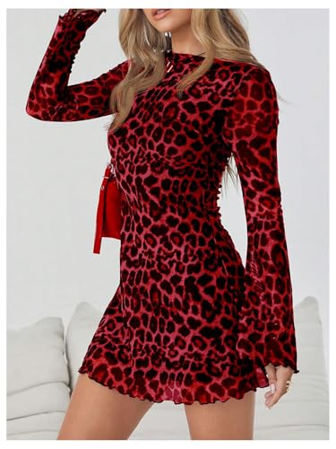 Milumia Women's Leopard Print Mini Dress Y2k Bell Long Sleeve Cheetah Short Dresses Going Out Party Clubbing Outfits