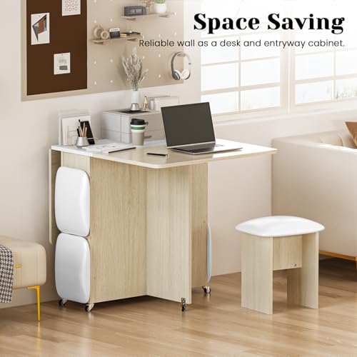 Lamerge Folding Dining Table Set for 4, Dinner Table with 4 Leather Chairs and Shelves, Space Saving Foldable Dining Table...