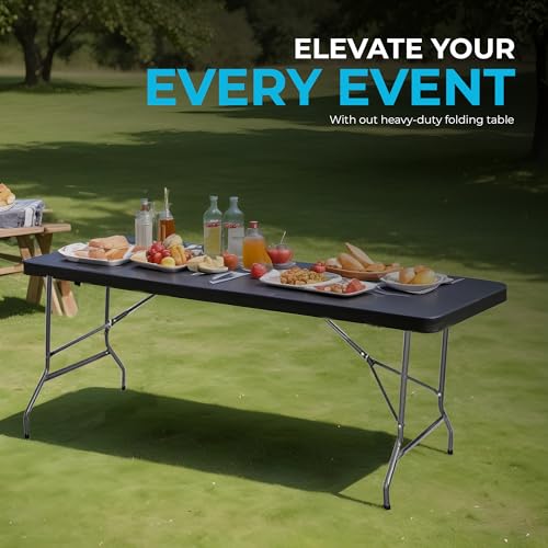 SIMPLI-Magic 8ft Portable Plastic Folding Table – Indoor & Outdoor Heavy-Duty Foldable Utility Table w/Handle for Party & ...
