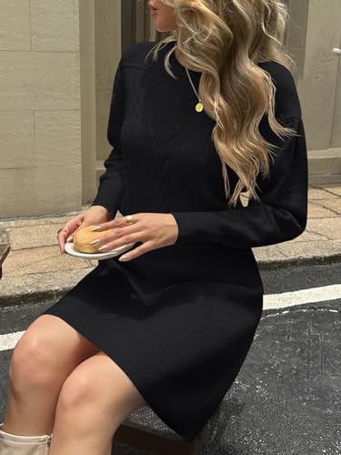Saodimallsu Womens Puff Long Sleeve Sweater Dress Cable Knit A Line Crew Neck Fall Casual Flare Mini Dresses