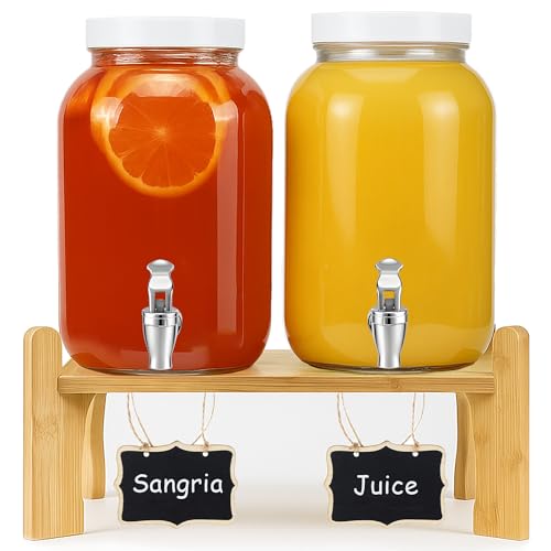 1 Gallon Large Glass Drink Dispensers with Stand for Parties, Glass Iced Beverage Dispensers with Spigot, Reusable Water D...