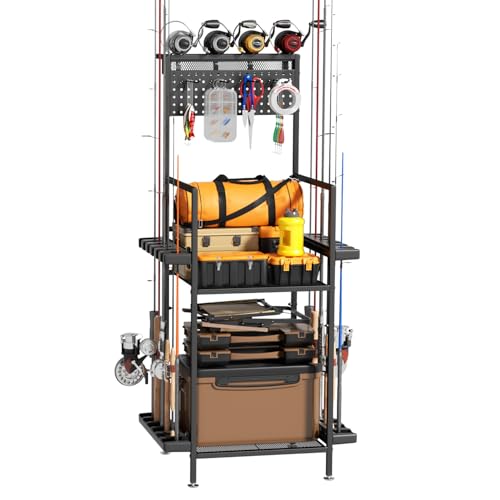 YQSLYSF Fishing Rod Holders for Garage with Pegboard & Metal Mesh Basket, Fishing Rod Storage Rack, Vertical Fishing Pole ...