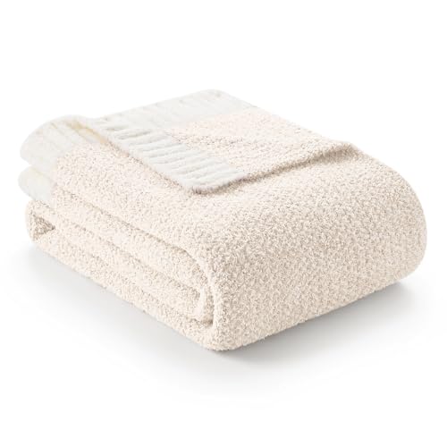 Snuggle Sac Buttery Ivory Throw Blanket for Couch, Reversible Super Soft Knitted Blankets, Warm Cozy Knit Fuzzy Plush Ligh...
