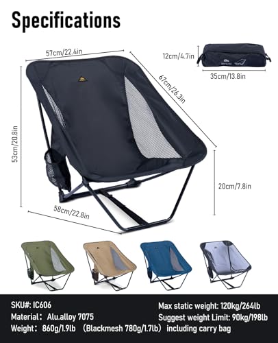 iClimb 1 Adjustable High Back Anti-Sinking Chair and 1 Low Back Chair Bundle, Ultralight Compact for Two Person Outdoor Ca...